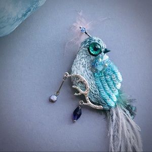 Artisan Light Blue Bird Brooch Embroidered Beaded Sequin Pin